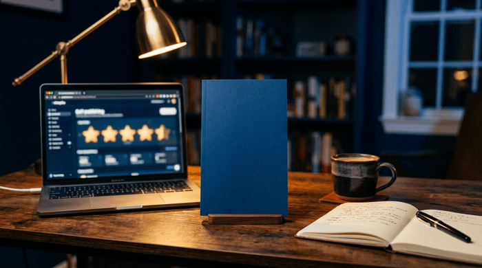 Author's desk with a self-published paperback, laptop showing a five-star review dashboard, notebook and coffee