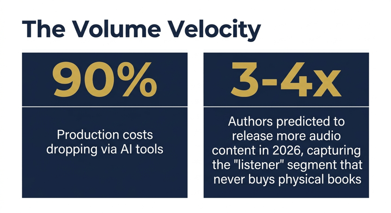 Two navy panels stating a 90% production cost drop and a 3-4x rise in author audio releases for 2026