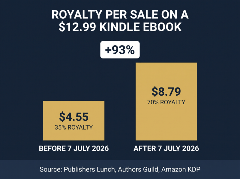 Bar chart showing royalty on a $12.99 Kindle ebook rising from $4.55 to $8.79 after the July 2026 KDP ceiling change