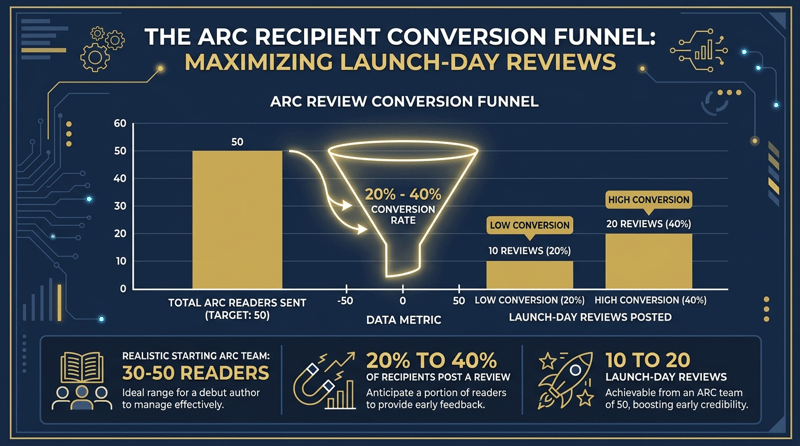 Bar chart showing ARC review conversion rate: 20-40% of ARC readers post a review, yielding 10-20 reviews from 50 recipients