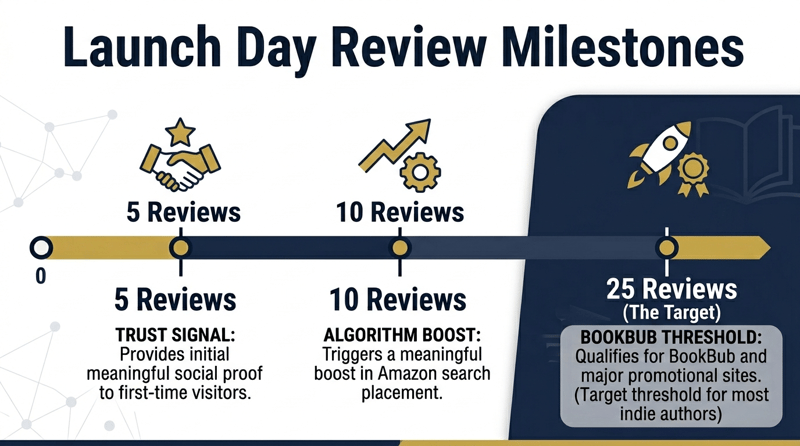 Milestone chart showing launch day review targets: 5 reviews (trust signal), 10 reviews (algorithm boost), 25 reviews (BookBub threshold)