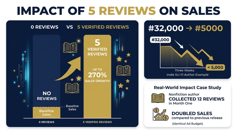 Before and after comparison: books with 5 reviews see 270% sales growth vs zero reviews, plus ranking jump from #32000 to #5000 in 3 weeks
