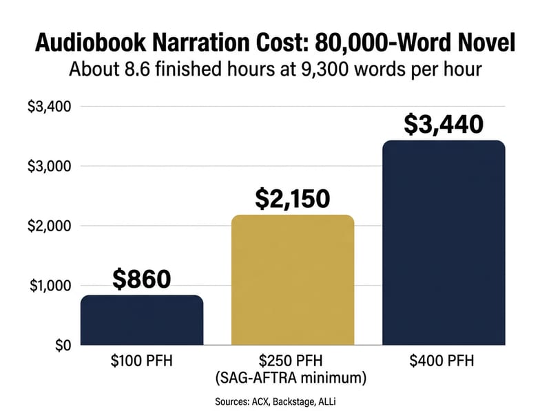Column chart of audiobook narration cost for an 80,000-word novel: $860, $2,150 and $3,440 by PFH rate