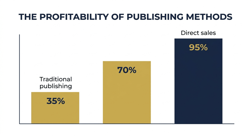 Bar chart comparing a 35% traditional publishing rate, a 70% rate and 95% retained on direct sales
