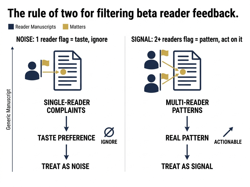 Rule of two visualization showing feedback flagged by 1 reader is noise vs feedback flagged by 2 or more readers is a signal worth acting on