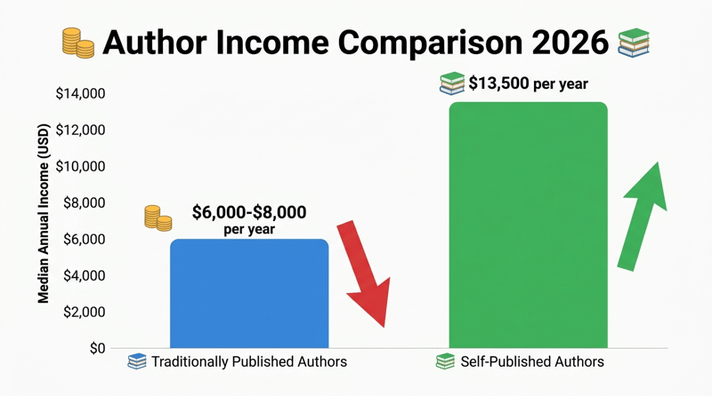 Bar chart comparing author income: traditionally published vs self-published median earnings