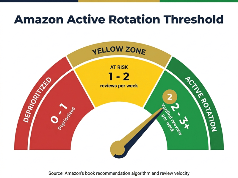 Threshold gauge showing the 2 to 3 verified reviews per week minimum required to stay in Amazon active rotation for category placement