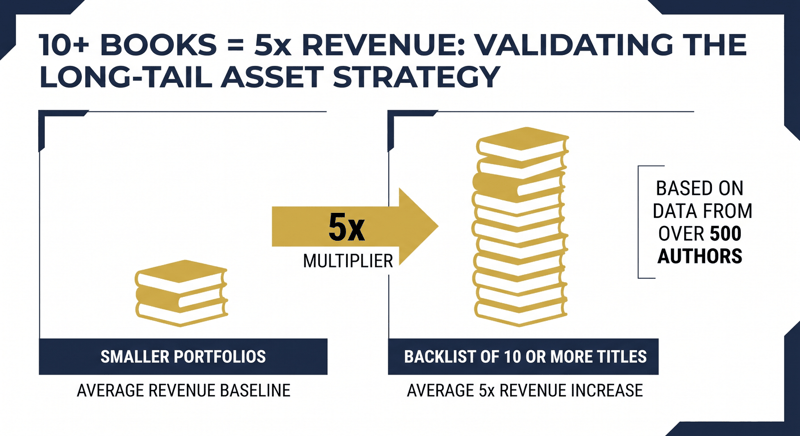 Book stacks comparing smaller portfolios against a 10+ title backlist earning 5x revenue across 500 authors