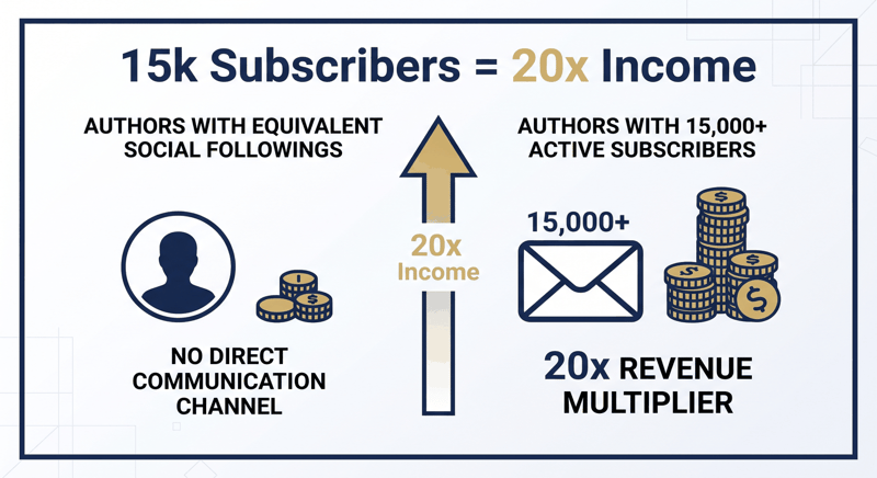 Split view of authors with no direct channel versus a 15,000+ subscriber list at a 20x revenue multiplier