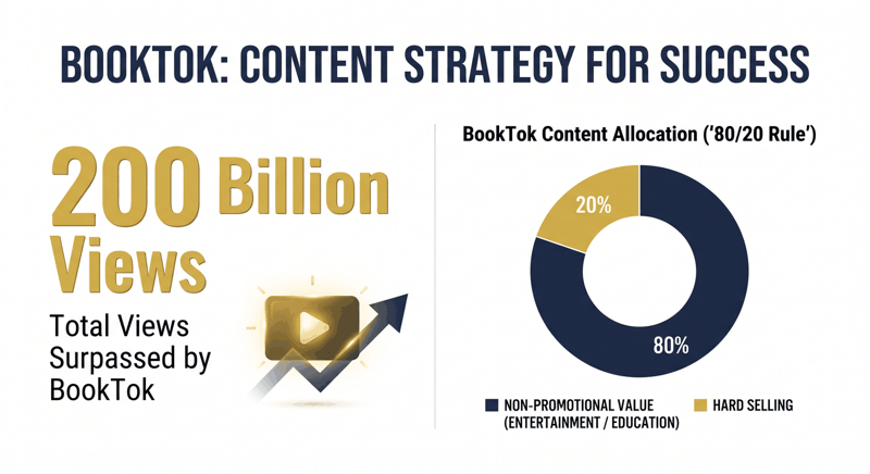 Donut chart splitting BookTok content into 80% non-promotional value and 20% hard selling, beside 200 billion views