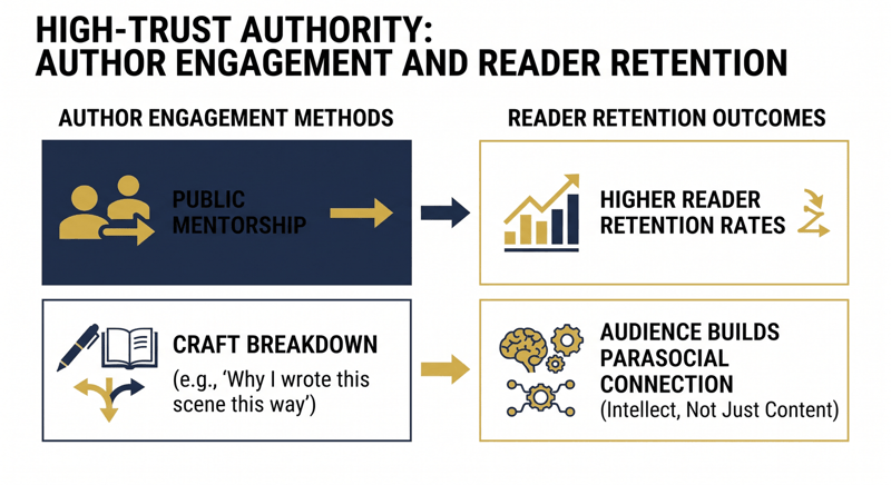 Four-panel diagram linking public mentorship and craft breakdown to parasocial connection and higher reader retention