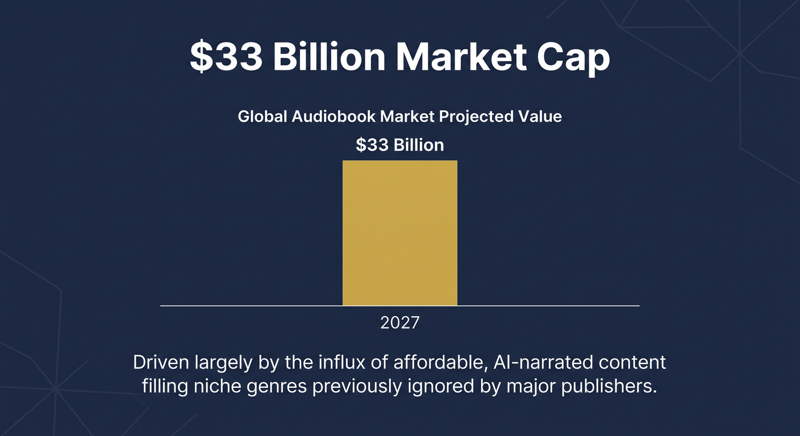 Single gold column marking the global audiobook market's projected 33 billion dollar value in 2027