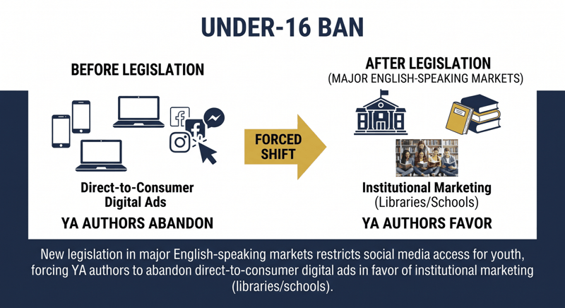 Before and after diagram of the under-16 social media ban pushing YA authors from digital ads to libraries and schools