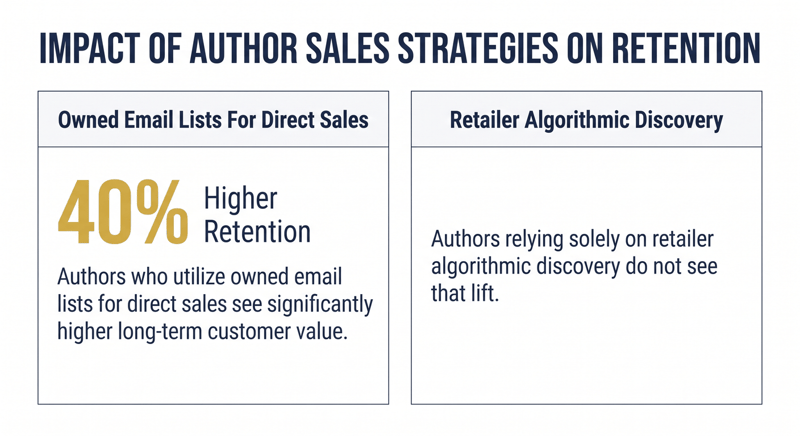 Two panels comparing owned email lists, marked 40% higher retention, with retailer algorithmic discovery