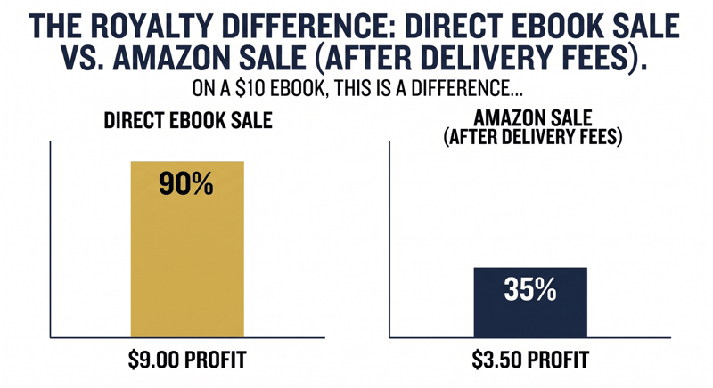 Column chart comparing 90% direct eBook royalty at $9.00 profit with 35% on Amazon at $3.50
