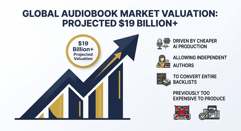 Rising chart of the projected $19 billion-plus global audiobook market driven by cheap AI narration