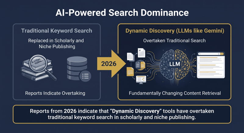 Side-by-side panels showing traditional keyword search giving way to LLM-powered Dynamic Discovery in 2026