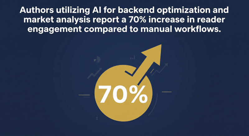 Navy stat card with a gold circle carrying 70%, the reported rise in reader engagement from AI workflows