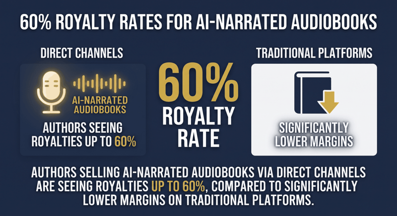 Side-by-side panel: 60% royalties on direct AI-narrated audiobook sales vs lower platform margins
