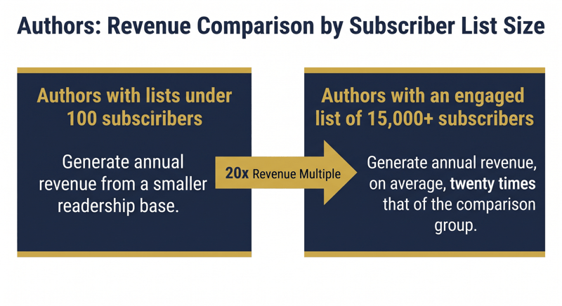 Two navy panels comparing author email list sizes, joined by a gold arrow marked 20x revenue multiple