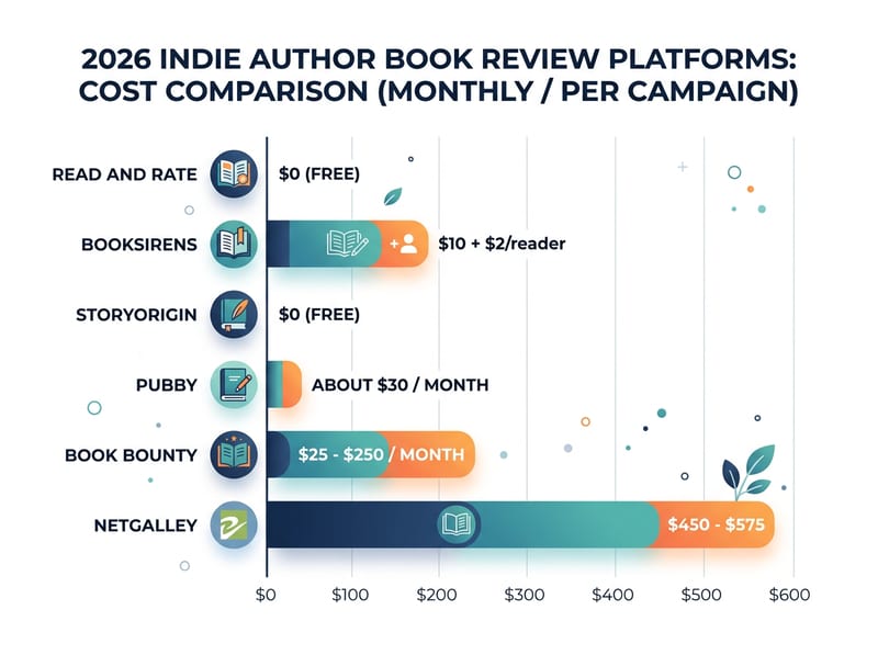 Bar chart comparing monthly or per-campaign cost across Read and Rate, BookSirens, StoryOrigin, Pubby, Book Bounty, Hidden Gems, and NetGalley