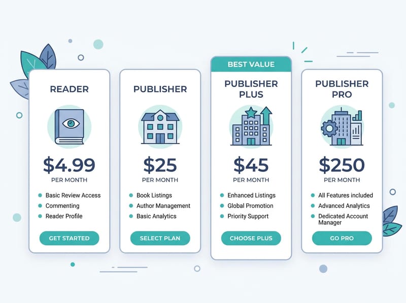 Four pricing tier cards for Book Bounty: Reader at $4.99 per month, Publisher at $25, Publisher Plus at $45 labeled best value, and Publisher Pro at $250