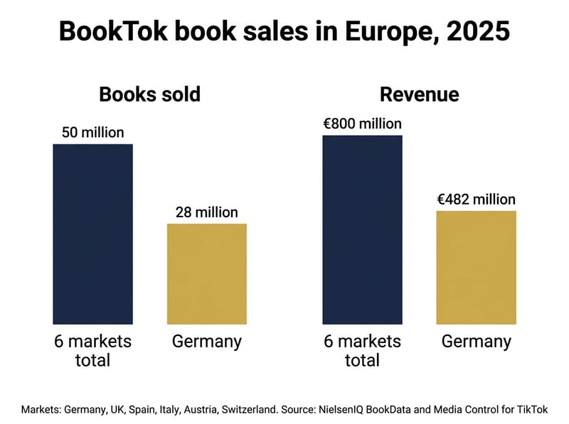 Column charts of 2025 BookTok sales in Europe: 50 million books and €800 million, Germany 28 million and €482 million