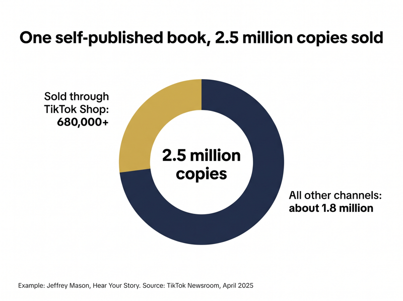 Donut chart showing 680,000+ of 2.5 million copies of a self-published book sold through TikTok Shop