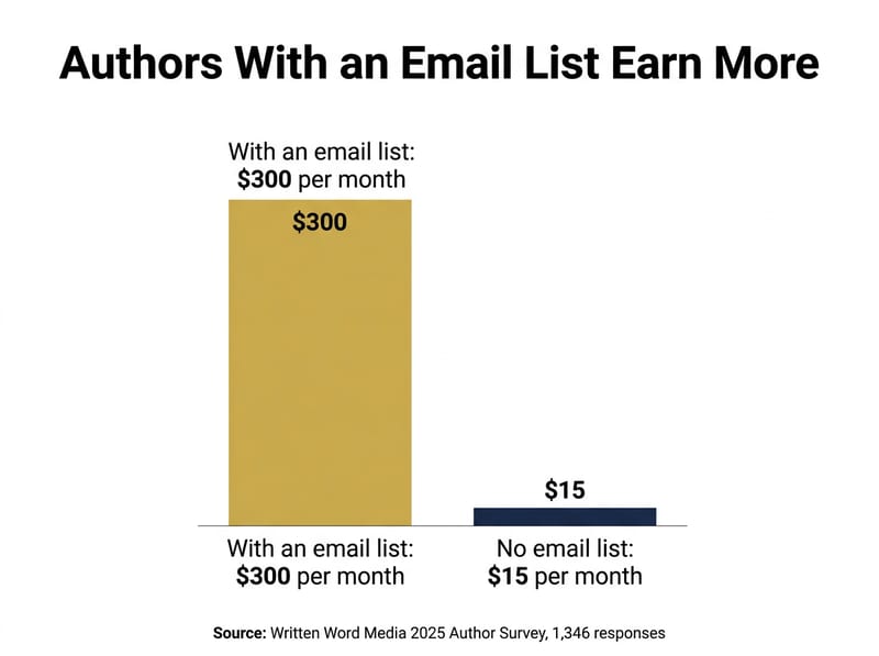 Column chart of median monthly author income: $300 with an email list vs $15 without one