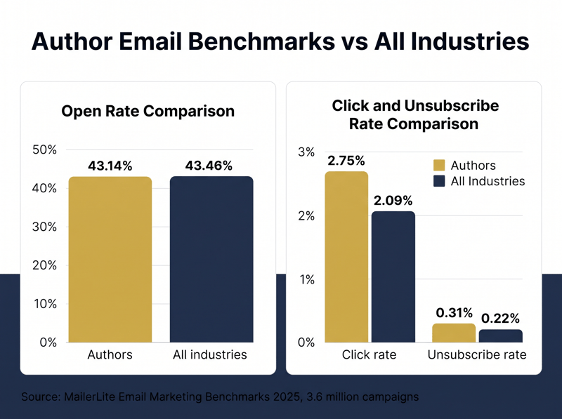 Bar charts comparing author email open, click and unsubscribe rates with all industry averages