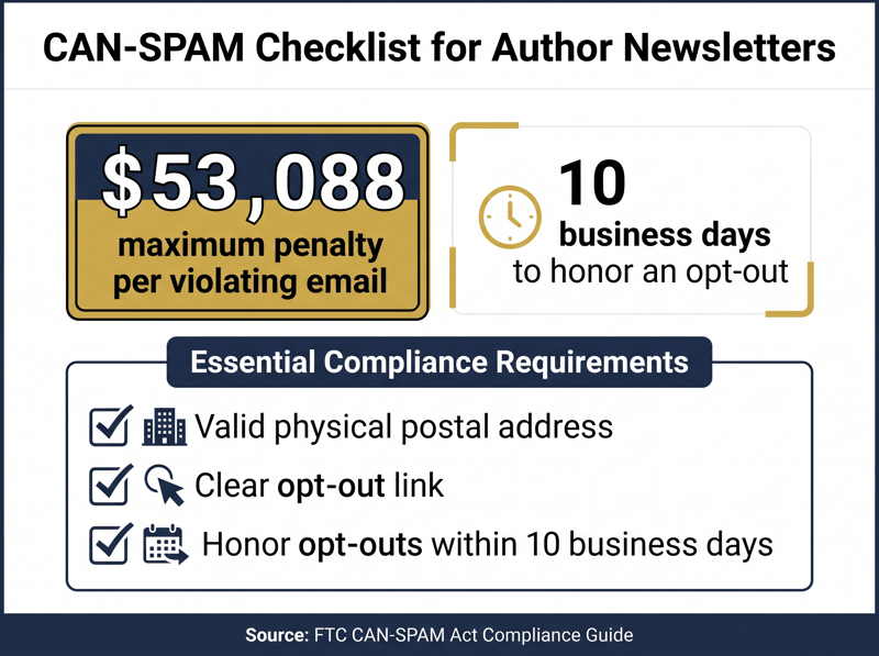 CAN-SPAM checklist for author newsletters: $53,088 penalty per email and 10 days to honor opt-outs