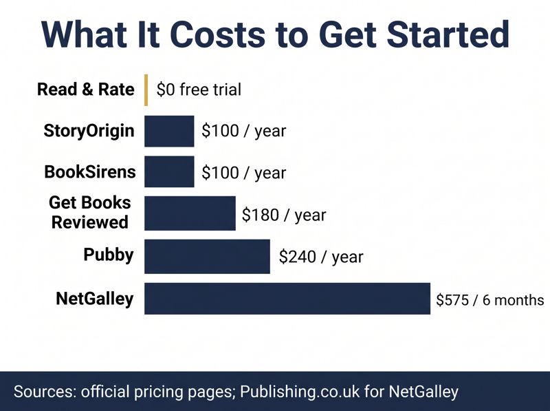 Bar chart of entry costs for review platforms, from Read & Rate free trial to NetGalley at $575
