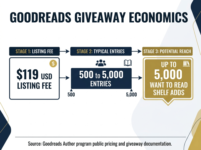 Three step infographic showing Goodreads Standard Giveaway economics with 119 US dollars listing fee, 500 to 5,000 reader entries, and up to 5,000 Want to Read shelf adds per campaign