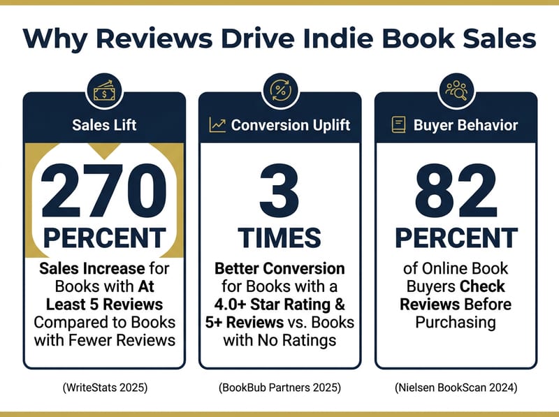 Three stat infographic showing why book reviews drive sales with a 270 percent sales lift at 5 plus reviews, 3x conversion uplift at 4.0 plus rating, and 82 percent of online book buyers checking reviews before purchase