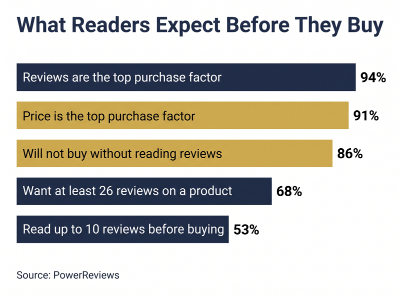 Horizontal bar chart of what shoppers expect from reviews, from 94 percent naming reviews the top purchase factor to 53 percent reading up to ten
