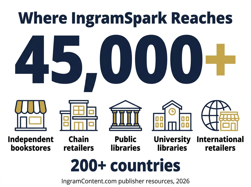 Infographic showing IngramSpark distribution reach: 45,000+ retail and library accounts across 200+ countries