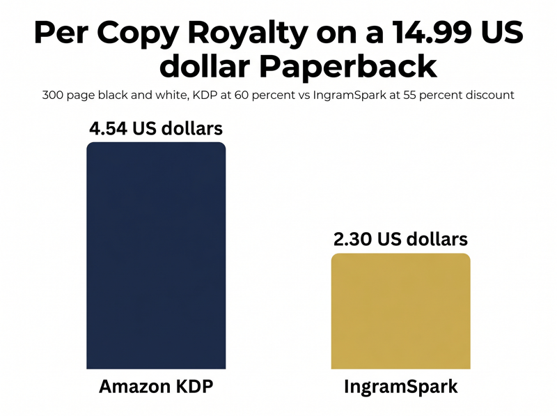 Side by side bar chart comparing per copy royalty on a $14.99 paperback: Amazon KDP $4.54 versus IngramSpark $2.30