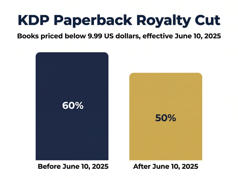 Bar chart comparing KDP paperback royalty before and after June 10, 2025 cut from 60 percent to 50 percent on books below $9.99