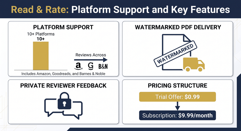 Four panel summary of Read and Rate: 10+ platforms, watermarked PDF delivery, private feedback, $9.99 a month
