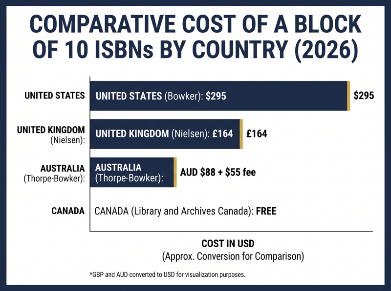 Horizontal bar chart comparing the cost of a block of 10 ISBNs across the US, UK, Australia, and Canada