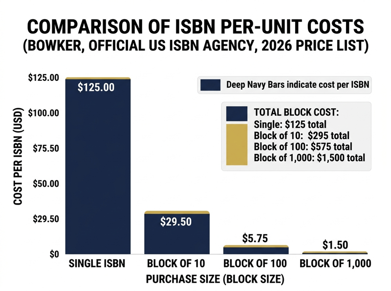 Bar chart comparing per-ISBN cost from Bowker: $125 single, $29.50 in a block of 10, $5.75 in a block of 100