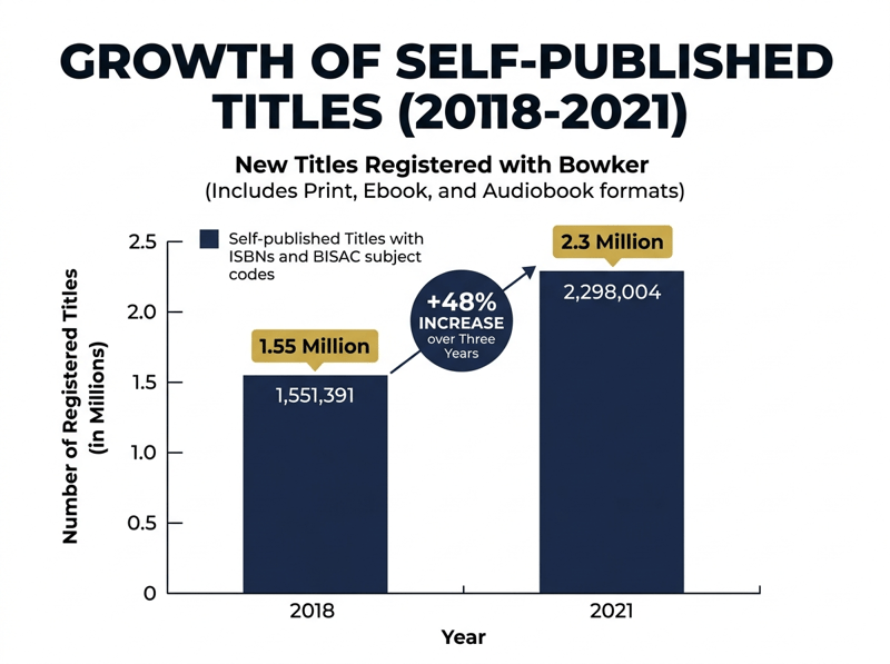 Chart showing self-published ISBN registrations with Bowker rising from 1.55 million in 2018 to 2.3 million in 2021