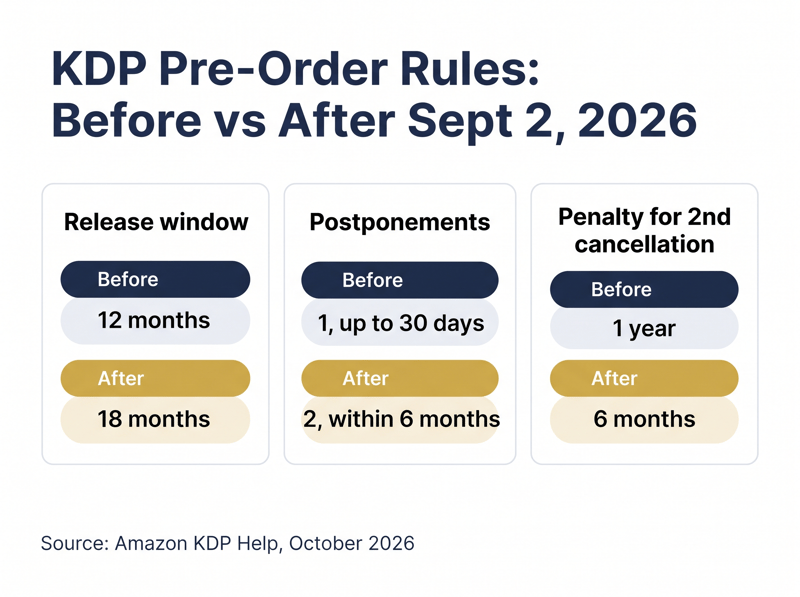 KDP pre-order rules before and after September 2, 2026: release window, postponements, and penalty