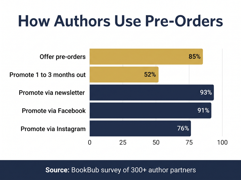 Bar chart of BookBub survey: 85% offer pre-orders, top channels newsletter 93%, Facebook 91%