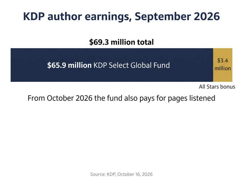 KDP author earnings for September 2026: $65.9 million Global Fund plus $3.4 million All Stars bonus