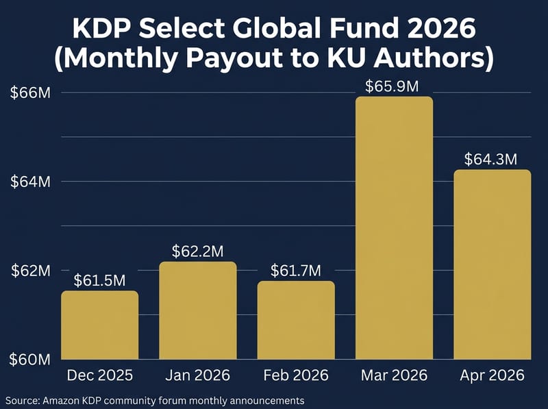 Vertical column chart showing the KDP Select Global Fund monthly payouts from December 2025 to April 2026, ranging from $61.5M to $65.9M