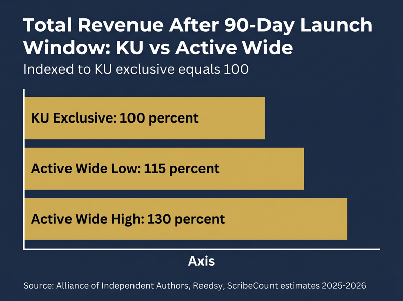 Horizontal bar chart comparing total revenue after the 90-day launch window. KU exclusive 100 percent, active wide low 115 percent, active wide high 130 percent