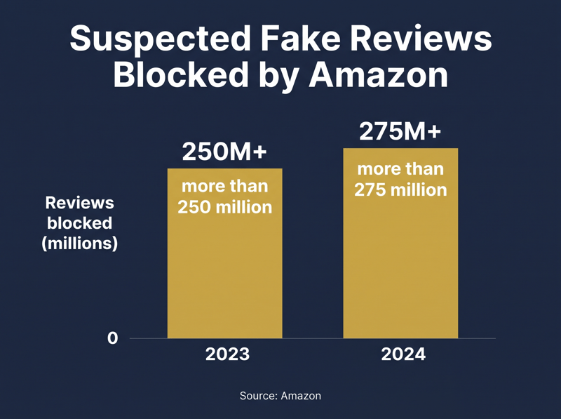 Column chart of suspected fake reviews blocked by Amazon: over 250 million in 2023 and 275 million in 2024