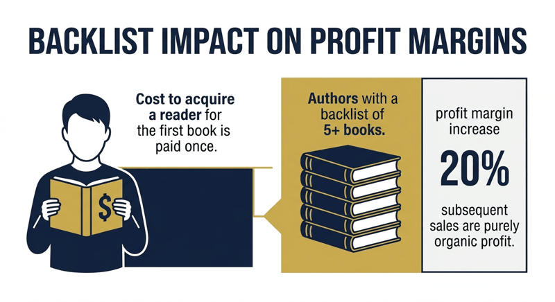 Diagram linking a five-book backlist to a 20% profit margin increase per customer for authors