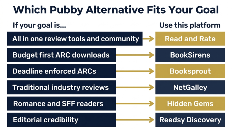 Decision matrix matching indie author goals to the right Pubby alternative platform